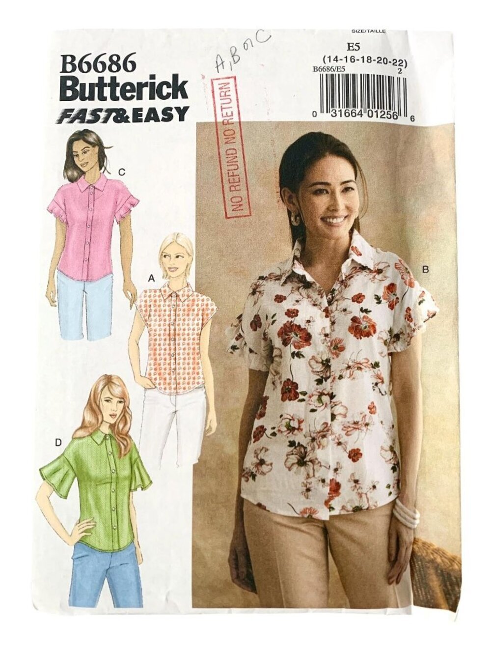 Butterick B6686 Pattern Misses Button Down Blouse Semi Fitted Uncut Size 14 - 22